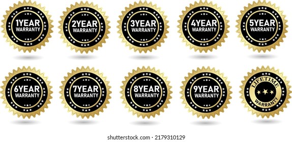 set of golden warranty logo, Vector golden warranty 1,2,3,4,5,6,7,8,9 years and life time, logo design. vector illustration badge