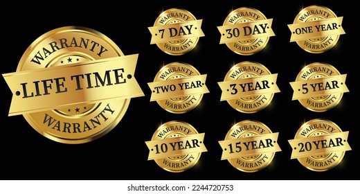set of golden warranty logo,Vector golden warranty number. 7, 30, 3, 1, 2, 3,6, 5, 10, 15,,20life time,logo design. vector illustration