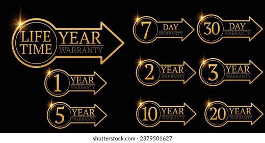 set of golden warranty logo,Vector golden warranty number. 7, 30, 3, 1, 2, 3,6, 5, 10, 15,,20life time,logo design. vector illustration