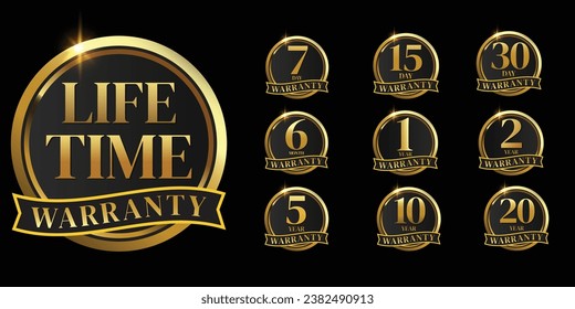 set of golden warranty logo,Vector golden warranty number. 7, 30, 3, 1, 2, 3,6, 5, 10, 15,,20life time,logo design. vector illustration