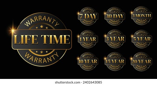 set of golden warranty logo,Vector golden warranty number. 7, 30, 3, 1, 2, 3,6, 5, 10, 15,,20life time,logo design. vector illustration