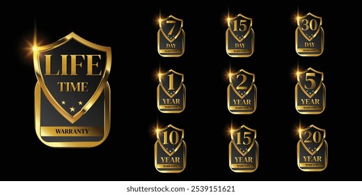 set of golden warranty logo,Vector golden warranty number. 7, 30, 3, 1, 2, 6, 5, 10, life time,logo design. vector illustration