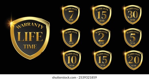 set of golden warranty logo,Vector golden warranty number. 7, 30, 3, 1, 2, 6, 5, 10, life time,logo design. vector illustration