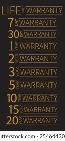 set of golden warranty logo,Vector golden warranty number. 7, 30, 3, 1, 2, 3,6, 5, 10, 15,,20life time,logo design. vector illustration