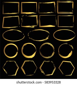 Set with golden watercolor frames on black background. Vector design elements
