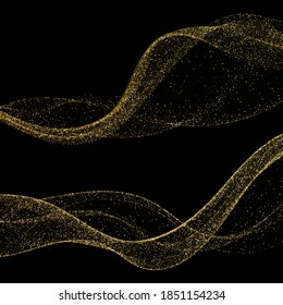 Set of golden waves on a black background. Shiny design