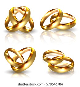 Set of Golden Wedding Rings Isolated on White Background. Luxury 3D Vector Illustration