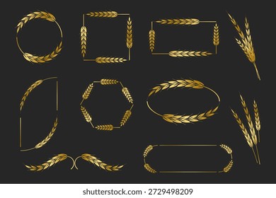 Set von goldenen Weizenkornrahmen für Etiketten, Verpackungsvektor