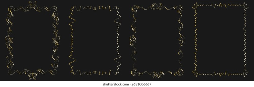 Set of golden whimsical frames with wavy squiggle curly ribbons in trending vintage styles. Hand drawn vector decor elements. Great for  invitations, greeting cards, posters, banners