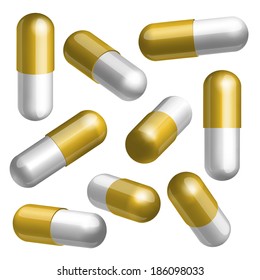 Set of golden and white medical capsules in different positions Vector illustration