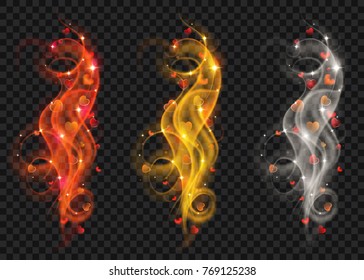 Set of golden, white and red swirls of glittering lines with hearts on transparent background. Transparency only in vector file