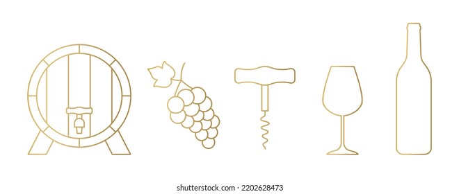 set of golden wine icons: wooden barrel with faucet, grapes, corkscrew, goblet and bottle - vector illustration