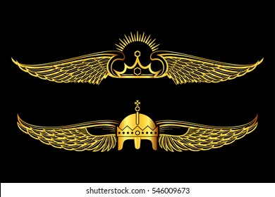 Set of golden winged crowns logos black background