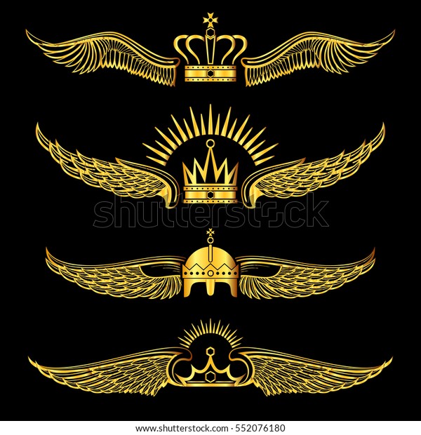 Set of golden winged crowns\
logos black background. Royal elements with wings. Vector\
illustration.