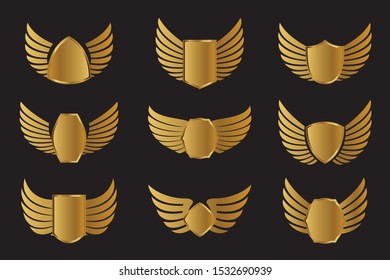 Set of golden Wings with shield. Vector Illustration and outline Icons. Symbol of freedom.