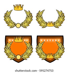 Set with golden wreath, crown and shield. Element for Sport logo or label isolated on white