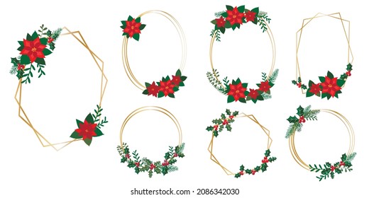 Set of golden wreath decoration with winter flowers and green. Floral round wreath for winter holiday and Christmas . Vector illustration.