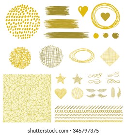 Set of Golden wreath and line. Golden, frame, border and brush stroke. Decorative hand-drawn calligraphic golden element. Design golden seamless pattern, curl.Graphic vintage set. Vector illustration.