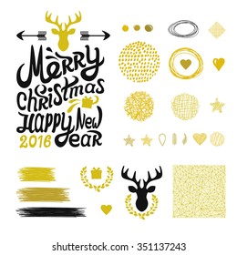 Set of Golden wreath and line. Golden frame, border and brush stroke. Decorative golden element. Vector illustration. Christmas typography with deer, christmas tree, ribbon and arrow.