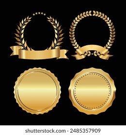 A set of golden wreaths and badges with decorative ribbons, perfect for awards, certifications, or luxurious designs. The collection is set against a black background.