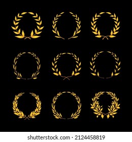 Set of golden wreaths from different formy on black background. Vector award, achievement, nobility, coat of arms, heraldry or logo in flat style.