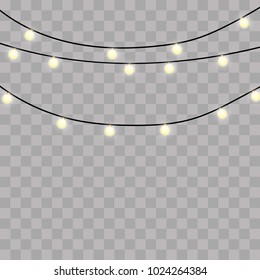 Set of golden xmas glowing garland. Christmas lights isolated on transparent background.