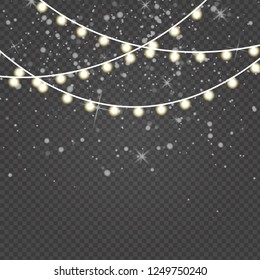 Set of golden xmas glowing garland. Christmas lights isolated on transparent background. 