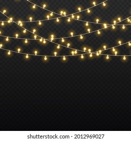 Set of golden xmas glowing garland isolated on transparent background. Led neon lamp. New year party lights decoration. Christmas lights for cards, banners, posters, web design. Vector illustration.