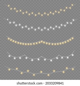 Set of golden xmas glowing garland. Led neon lamp. New year party lights decoration. Christmas white lights for cards, banners, posters, web design. Vector illustration, eps 10.