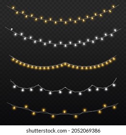 Set of golden xmas glowing garland. Led neon lamp. New year party lights decoration. Christmas white lights for cards, banners, posters, web design. Vector illustration, eps 10.