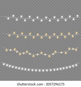 Set of golden xmas glowing garland. Led neon lamp. New year party lights decoration. Christmas white lights for cards, banners, posters, web design. Vector illustration, eps 10.