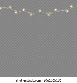 Set of golden xmas glowing garland isolated on transparent background. Led neon lamp. New year party lights decoration. Christmas lights for cards, banners, posters, web design. Vector illustration.