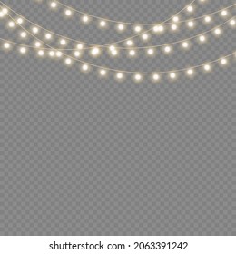 Set of golden xmas glowing garland isolated on transparent background. Led neon lamp. New year party lights decoration. Christmas lights for cards, banners, posters, web design. Vector illustration.