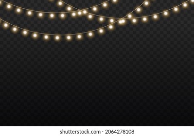 Set of golden xmas glowing garland isolated on transparent background. Led neon lamp. New year party lights decoration. Christmas lights for cards, banners, posters, web design. Vector illustration.