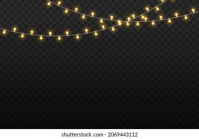 Set of golden xmas glowing garland isolated on transparent background. Led neon lamp. New year party lights decoration. Christmas lights for cards, banners, posters, web design. Vector illustration.