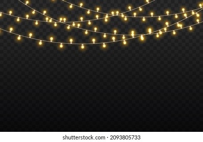 Set of golden xmas glowing garland isolated on transparent background. Led neon lamp. New year party lights decoration. Christmas lights for cards, banners, posters, web design. Vector illustration.