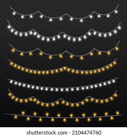 Set of golden xmas glowing garland. Led neon lamp. New year party lights decoration. Christmas white lights for cards, banners, posters, web design. Vector illustration, eps 10.