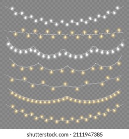 Set of golden xmas glowing garland. Led neon lamp. New year party lights decoration. Christmas white lights for cards, banners, posters, web design. Vector illustration, eps 10.