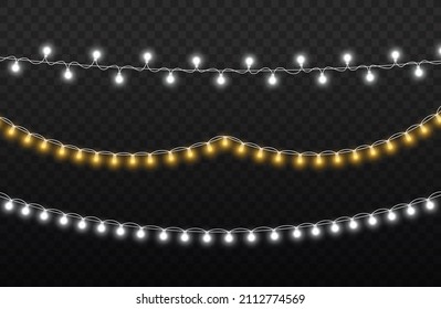 Set of golden xmas glowing garland. Led neon lamp. New year party lights decoration. Christmas white lights for cards, banners, posters, web design. Vector illustration, eps 10.