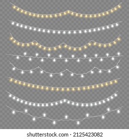 Set of golden xmas glowing garland. Led neon lamp. New year party lights decoration. Christmas white lights for cards, banners, posters, web design. Vector illustration, eps 10.