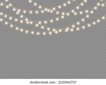 Set of golden xmas glowing garland isolated on transparent background. Led neon lamp. Christmas lights for cards, banners, posters, web design. New year party lights decoration. Vector illustration.