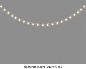 Set of golden xmas glowing garland isolated on transparent background. Led neon lamp. New year party lights decoration. Christmas lights for cards, banners, posters, web design. Vector illustration.