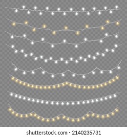 Set of golden xmas glowing garland. Led neon lamp. New year party lights decoration. Christmas white lights for cards, banners, posters, web design. Vector illustration, eps 10.