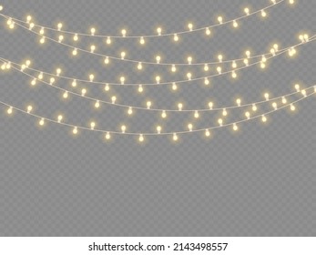 Set of golden xmas glowing garland isolated on transparent background. Led neon lamp. New year party lights decoration. Christmas lights for cards, banners, posters, web design. Vector illustration.