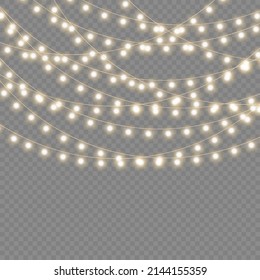 Set of golden xmas glowing garland isolated on transparent background. Led neon lamp. New year party lights decoration. Christmas lights for cards, banners, posters, web design. Vector illustration.