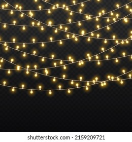 Set of golden xmas glowing garland isolated on transparent background. Led neon lamp. New year party lights decoration. Christmas lights for cards, banners, posters, web design. Vector illustration.