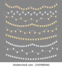 Set of golden xmas glowing garland. Led neon lamp. New year party lights decoration. Christmas white lights for cards, banners, posters, web design. Vector illustration, eps 10.