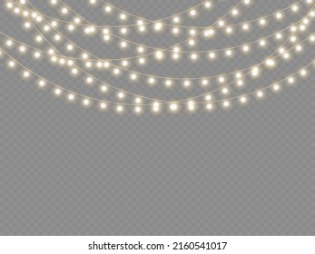Set of golden xmas glowing garland isolated on transparent background. Led neon lamp. New year party lights decoration. Christmas lights for cards, banners, posters, web design. Vector illustration.