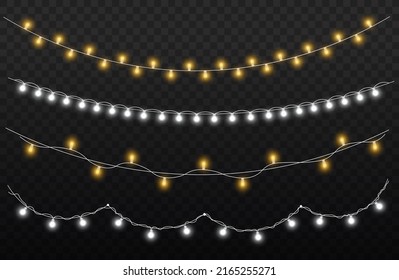 Set of golden xmas glowing garland. Led neon lamp. New year party lights decoration. Christmas white lights for cards, banners, posters, web design. Vector illustration, eps 10.