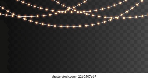 Set of golden Xmas glowing garland. Glowing lights for Christmas holiday cards design. Led neon lamp. Light bulbs isolated on transparent background. New Year party decoration. Vector illustration.
